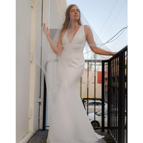 Elegant Long Mermaid V-Neck Wedding Dresses Ivory Satin Open Back Robes De Mariée Bridal Gown For Women