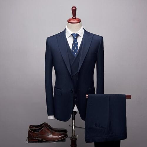2020 Suit Mens Dark navy suits Formal Suits 3 Pieces Wedding Groom Tuxedos Prom Slim Fit Peak lapel Suits