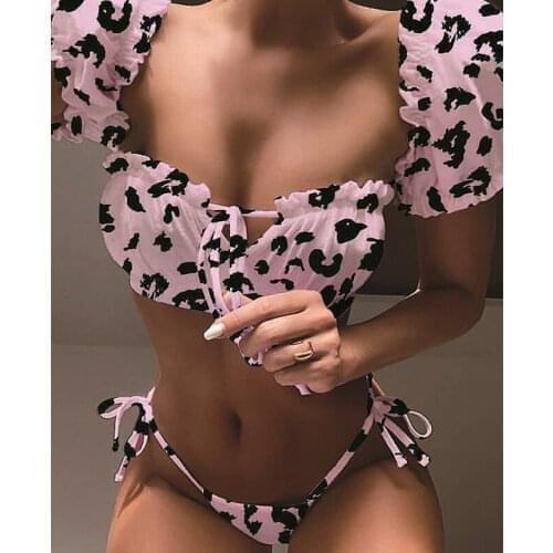 Bubble Sleeves Bandage Bikini Sexy Triangle Swimsuit Ruffle Solid Color Fairy Royal Court Retro Swimwear Two Piece Set 6 Colors