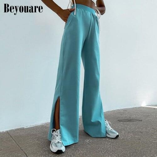 Beyouare Womens High Waist Straight Pants Casual Vertical Feeling Floor Dragging Sweatpants Soft Wide Leg Split Trousers Autumn