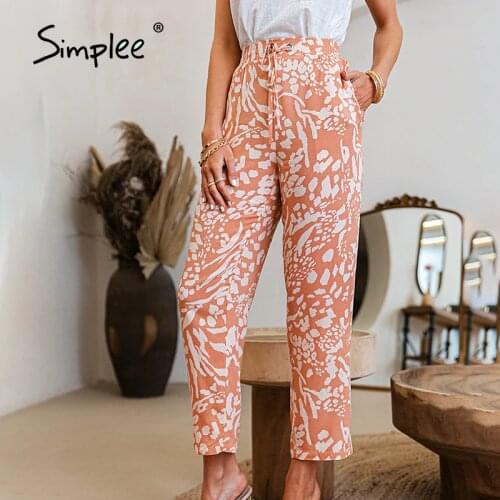Simplee Causal print elastic waist holiday pants Loose wide legs lace up trousers woman Fashion high waist summer pants 2021 new