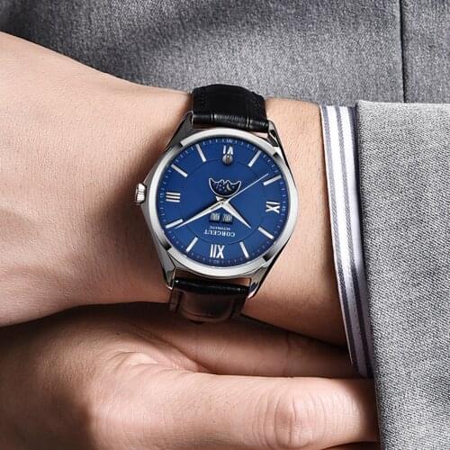 CORGEUT 40mm Automatic Men Watch Week Month Date Indicator Leather Strap Rose Gold Case