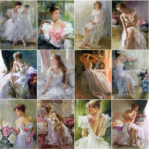 CHENISTORY Frame Painting By Number Woman For Adult Handpainted Canvas Modern White Skirt Girl Portrait For Home Decor Diy Gift