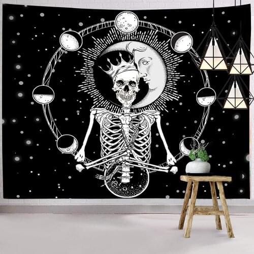 Skull Psychedelic Sun And Moon Tapestry Hippie Skeleton Wall Art Trippy Black And White Wall Hanging