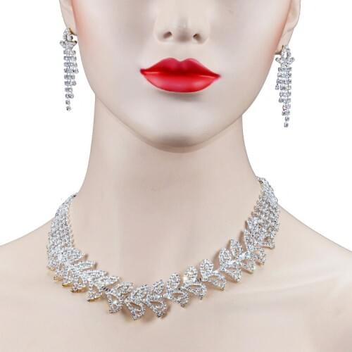 Chran Rhodium Plated Sparkling Tassels Rhinestone Bridal Jewelry Set for Wedding Prom Fashion Leaf Design Necklace Earrings Set