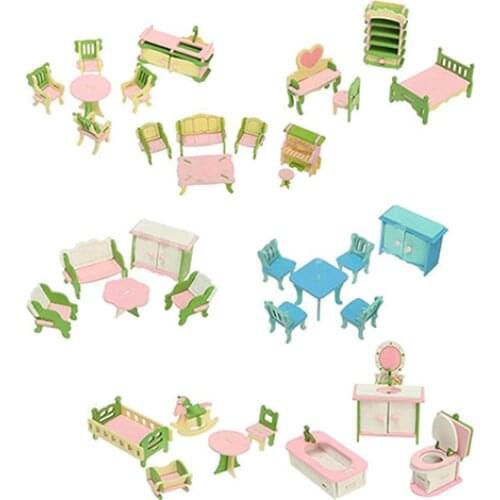 Wooden Mini Dollhouse Furniture Room Set Toy Xmas Gift for Child Kids dining room living room Miniature Furniture Pretend Toys