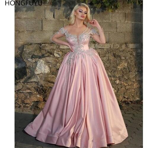 HONGFUYU Satin Prom Dresses Formal Luxury Illusion Scoop Neckline Ball Gown Long Sleeves Party Evening Gowns With Crystals Long