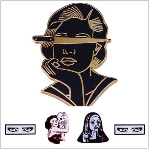 HOSENG Black Color Mysterious Dangerous Woman Knife Skeleton Horror Gothic Fashion Art Brooch Halloween Alloy Enamel Pin HS_279