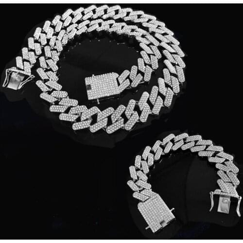 2pcs Kit Hip Hop 20MM Iced Out 3 Row Full Rhinestones Bling Gold Cuban Link Chain Bracelet Necklace For Men Charm Jewelry