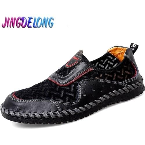 Hot Sale Mens Casual Shoes Leather Breathable Mesh Mens Sneakers Handmade Brand High Quality Denim Genuine Leather Shoes 38-47