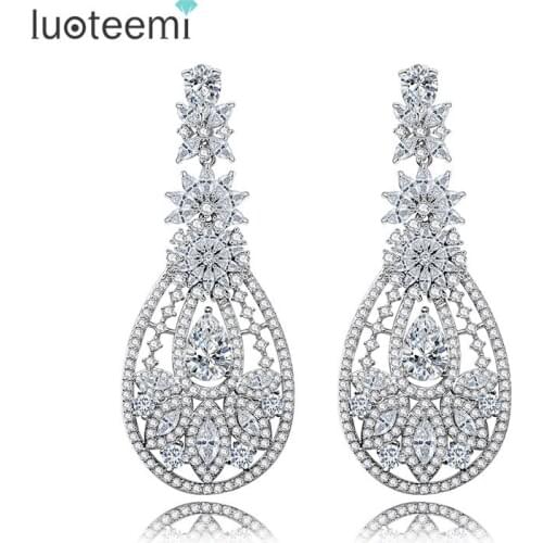 LUOTEEMI Vintage Hollow Multishaped CZ Crystal White Gold-Color Exaggerated Dangle Earrings Jewelry for Women Wedding Brincos