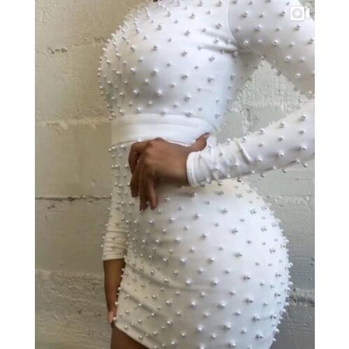 Bodycon Women Bandage Dress Vestidos 2018 Sexy White Pearl Beading Long Sleeve Stretch Club Celebrity Evening Party Dresses