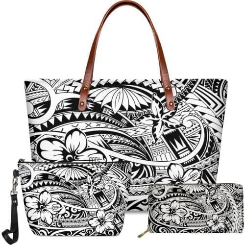 Polynesian Strips Shoulder Bag Flower Printed Handbag for Teen Girl Shoulder Carrier Bag and Cosmatic Bag Wallet 3Pcs Set 2021
