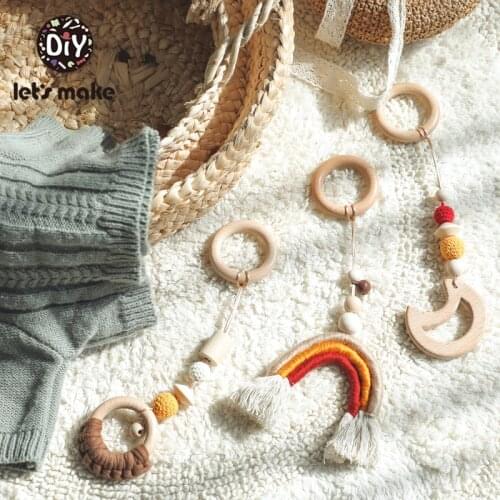 LetS Make 3pc/Set Weaving Rainbow Hanging Baby Teether Play Gym Toys Crochet Wooden Ring Teething Beech Moon Toys For Kids