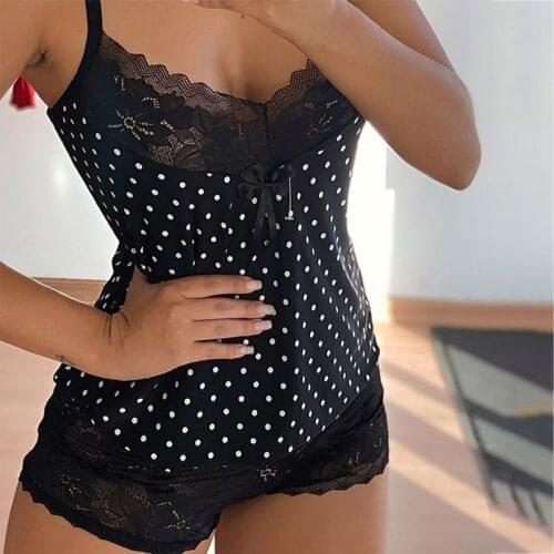 Plus Size 5XL 2021 Summer Womens Sleepwear Sexy Lace Dots Pajama Set Black V-Neck Pyjamas Sleeveless Cute Cami Top and Shorts