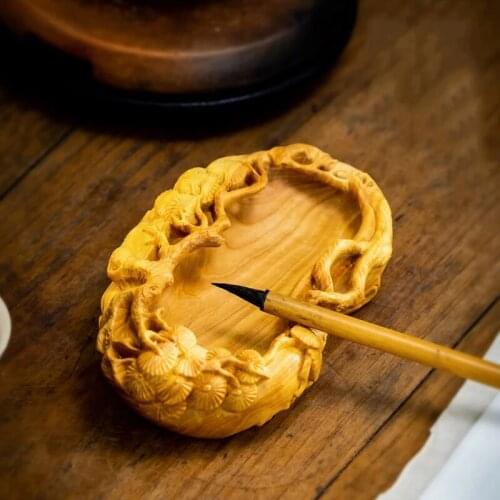 Wood carving Four Treasures of The Study Pine Brush Scrubbing Inkstone Calligraphy Supplies Study Room Chinese Decoration