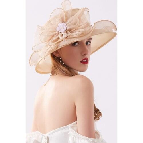 New summer organza sun hat foldable wedding church hat elegant flower pot hat big brim tweed beach sun hat