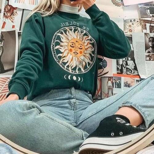 Cotton Green Vintage USA Sun Pattern Sweatshirt Women Crewneck Loose Oversized Designer Casual Teens Girls 2020 Autumn Pullovers