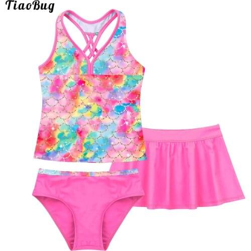 TiaoBug Summer 3Pcs Kids Girls Swimwear Swimsuit V Neck Sleeveless Spaghetti Straps Top With Briefs And Skirt Beach Bikini Set