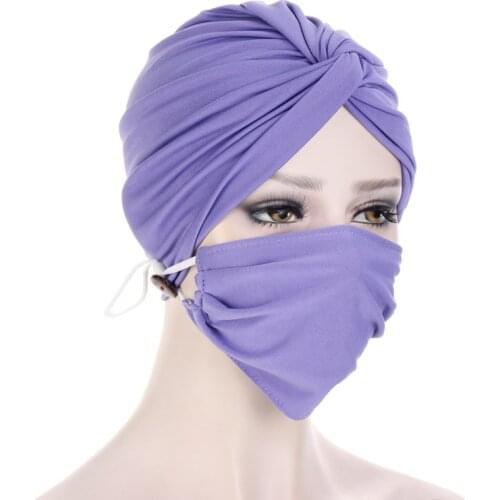 2 Pcs/set Turban Head +Mask Set Women Wrap Hat With Mask Muslim Hijab With Button Scarf Inner Hijab Caps Ladies Islamic Headband