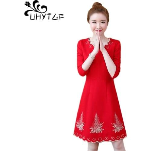 UHYTGF Spring Autumn Dress Women Fashion Korean Women Dresses 5XL Plus size Wild elegant embroidered Bottoming Dress Female X668