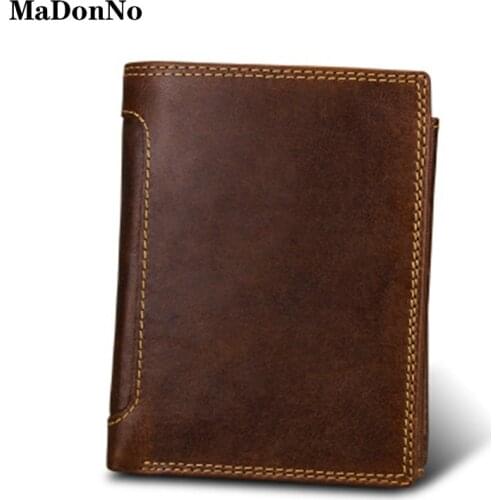 Vintage Mens Wallet Genuine Leather Trifold RFID Wallets Men Coin Purse Small Mini Card Holder PORTFOLIO Portomonee Cards Wallet
