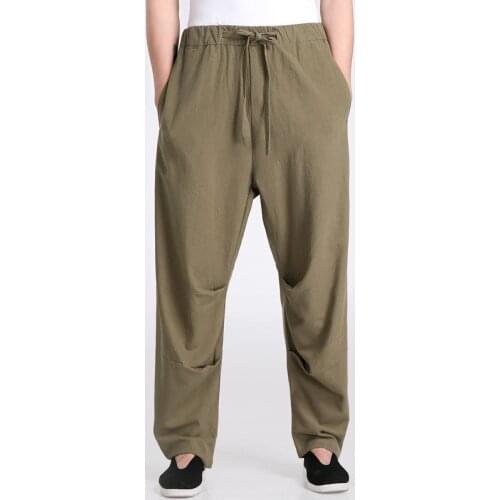 Green pants Chinese Mens Kung Fu Pant High Quality Cotton Linen Trousers Casual Loose Mid Waist Pants M - XXXL штаны