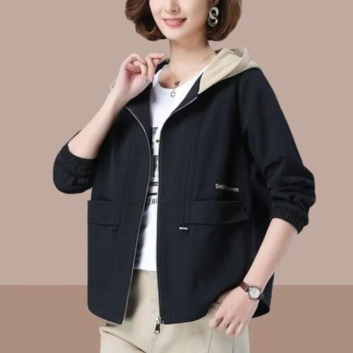 Womens Jacket 2021 New Autumn Long Sleeve Basic Coat Casual Hooded Windbreaker Female Jackets Outerwear Plus Size 4XL