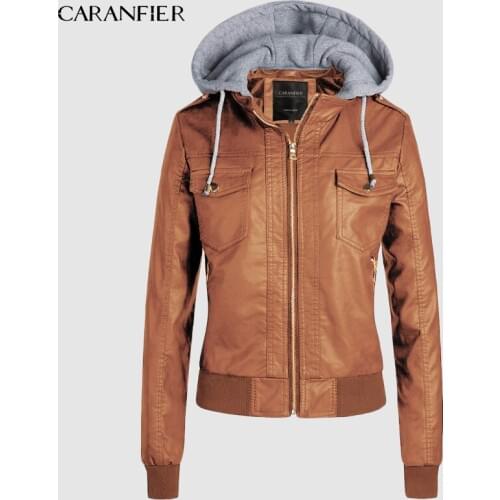 CARANFIER Hooded Faux Leather Jacket Women Spring Zipper Ladies Suede Motorcycle Punk Biker Jackets Street Sleeve Biker Jacket
