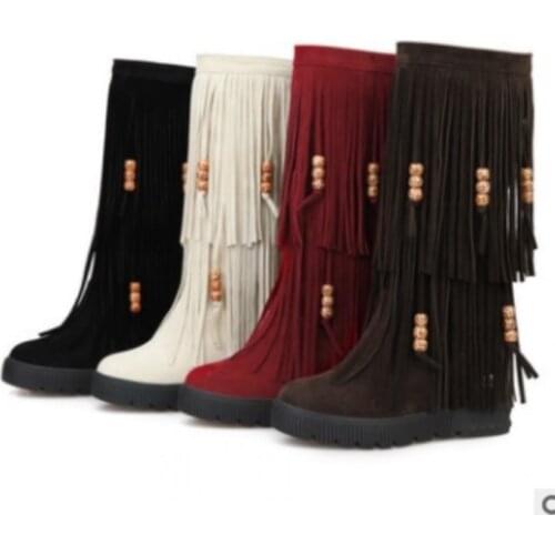 Ladies Fashion Big Size10 11 12 13 2layers Tassel Round Toe Beading Nubuck Leather Mid-calf Booty Winter Flat With Boots Shoes