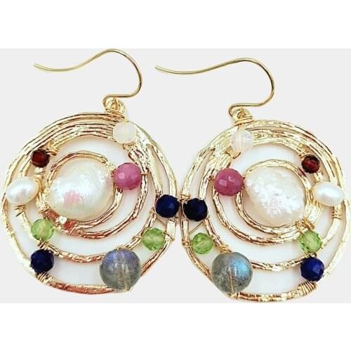 Lii Ji Freshwater Pearl Real Stone Geometric Circle Gold Color Drop Earrings 925 Sterling Silver Hook Earrings For Women Jewelry