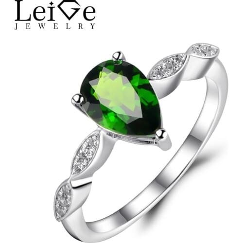 Leige Jewelry Natural Chrome Diopside Ring Pear Cut Green Gemstone Engagement Wedding Rings for Women Silver 925 Jewelry