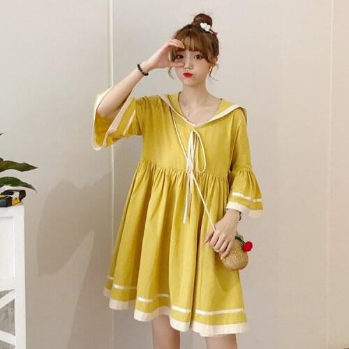 Japanese College Style Women Dress Sweet Girl Sailor Collar Bow Kawaii Short Sleeve Dresses Vintage Pleated Splice Hot Dress