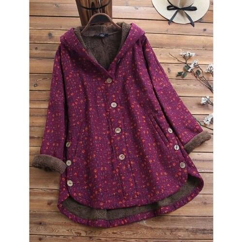 Women Winter Hoodies Fleece Coats Vintage Printed Long Sleeve Jackets Female Buttons Hooded Plush Fluffy Coat Mother Dress