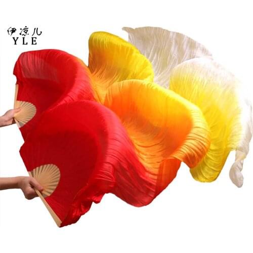 100% Silk Bamboo Ribs Long Fans Handmade Dyed High Quality Belly Dance Fans Red+Orange+Yellow+White 180x90 1Pair Left+Right Hand