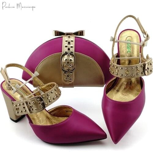 2020 New Design African Women Shoes and Bag to Match With Metal Decoration Pretty Lady Shoes and Bag Set for Wedding