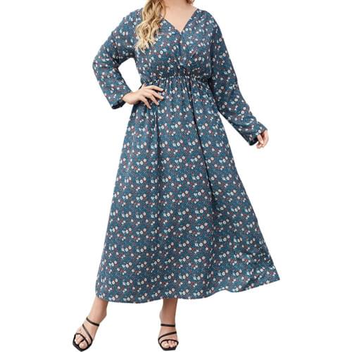 2021 Summer Dress Women V Neck Long Sleeve Floral Print Casual Dress Plus Size High Waist Maxi Long Dresses