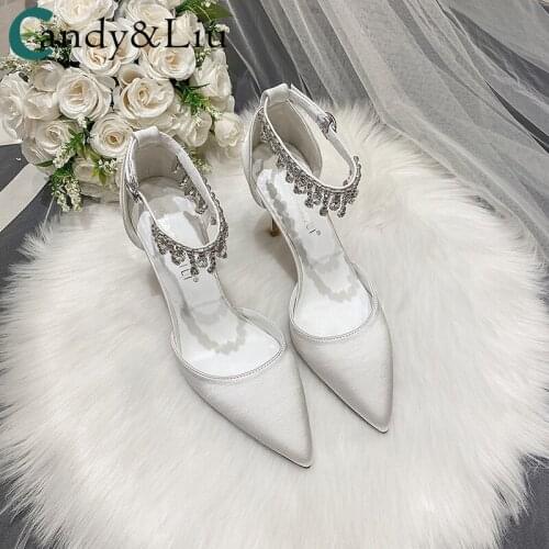 White Wedding Dress High Heels Womens Thin Heels Brides Shoe Hollow One Line Rhinestone Chain Pointed Sandals Bridesmaid Shoes