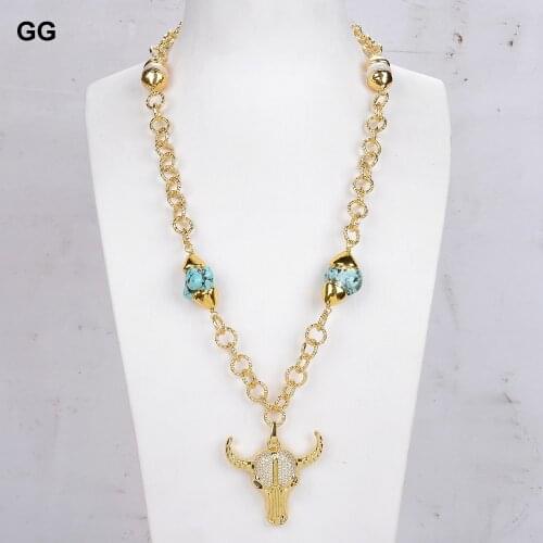 GuaiGuai Jewelry 24'' Blue Turquoise White keshi Pearl Gold Color Plated Chain Necklace CZ Cow Pendant