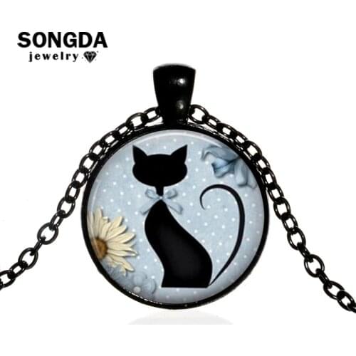 SONGDA Cute Little Black Cat Couple Necklace Cartoon Well-Behaved Kitten Round Glass Crystal Pendant Jewelry Best Gift for Lover