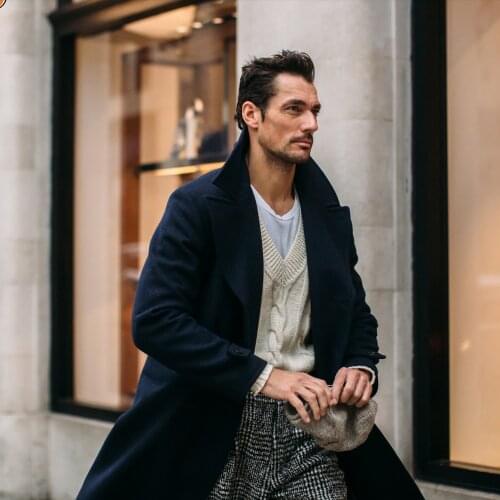 Mens Woolen Good Quality Coat Navy Blue Winter Warm Solid Double-Breasted Thick Plus V-Neck Overcoat Casual Male Overcoat