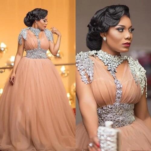 Luxury African Evening Dresses Beaded Crystal Plus Size Gowns Tulle A Line Long Formal Prom 2020 Robe De Soiree