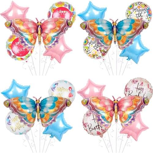 Blue Pink Colorful Butterfly Aluminum Film Balloon Baby Shower Decor Wedding Happy Birthday Party Decoration Round Star Balloon