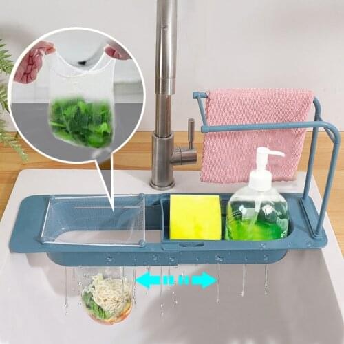 Telescopic Sink Rack Adjustment Kitchen Soap Sponge Organizer Holder Drain Rack Towel Gadgets Storage Shelf Kitchen Organizer