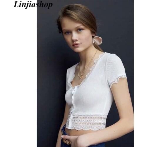 Vintage white lace top summer crop top button sexy stretch white knitted fabric holiday beach tops vestidos