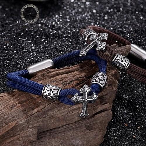 Vintage Stainless Steel Cross Men Bracelet Rope Charms Cuff Bracelets Women Male Accessories Couple Jewelry femme Dropshipping