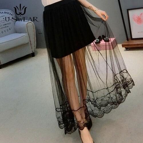 U-SWEAR Summer Fashion Sexy Womens Long Tulle Skirts Transparent Mesh Maxi Midi Skirt saias faldas femininas Black Women skirts