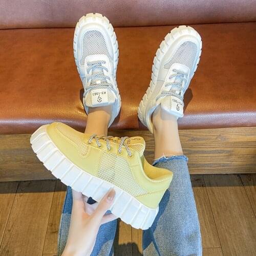 Thick-soled mesh ladies casual shoes summer new wild pure color breathable lace comfortable sports shoes trend