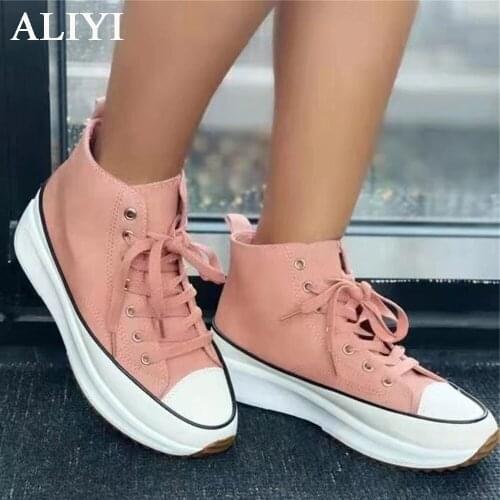 2021 Womens High Top Sneakers Autumn New Pointed Toe Ladies Lace Up Espadrille Canvas Shoes 43 Big Size Female Platform Shoes