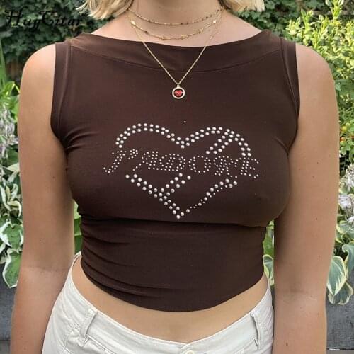 Hugcitar 2021 Sequined Letters Print Sleeveless Sexy Tops Summer Women Fashion Streetwear Outfits Club Y2K Tees